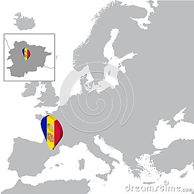 Principality of Andorra Location Map on map Europe. 3d Andorra flag map marker location pin. High quality map of Andorra. Vector Illustration